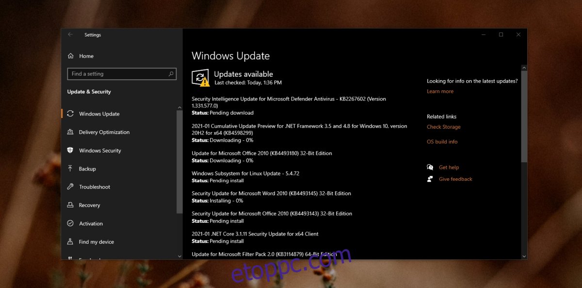 Windows Update telepítésre vár