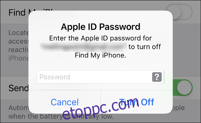 A kikapcsoláshoz írja be az Apple ID jelszavát 