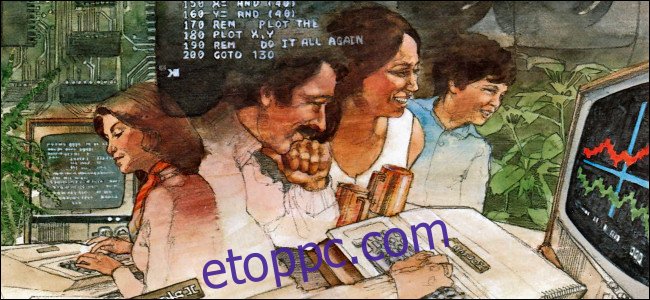 Illusztráció azokról az emberekről, akik Apple II számítógépeket használnak 
