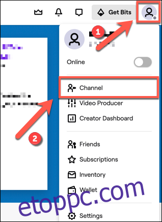 A Twitch-csatornád eléréséhez koppints a csatorna ikonra a jobb felső sarokban.  A legördülő menüből kattintson a 