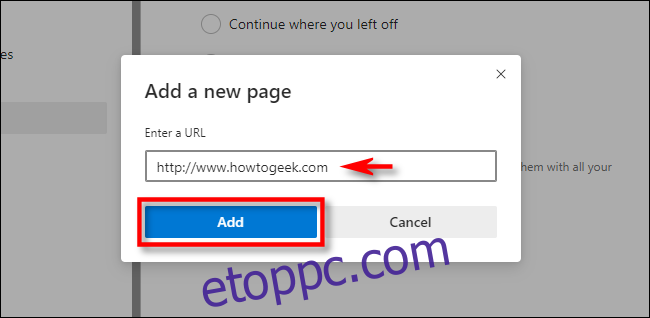 Az Edge beállításaiban adja meg a webhely címét, majd kattintson a gombra 