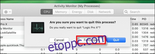 Mac rendszeren az Activity Monitor alkalmazásban válassza a lehetőséget 