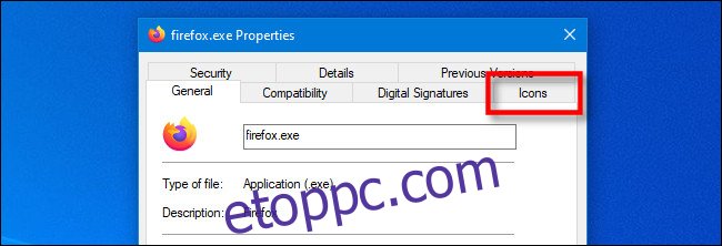 A Windows 10 EXE tulajdonságai ablakban kattintson a speciális IconViewer elemre 