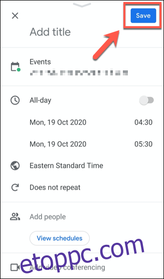 Mentse el a Google Naptár eseményét a ikon megérintésével 