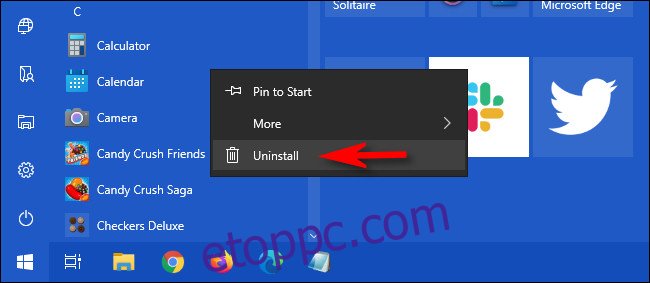 A Windows 10 Start menüjében kattintson jobb gombbal az alkalmazásra, és válassza ki 