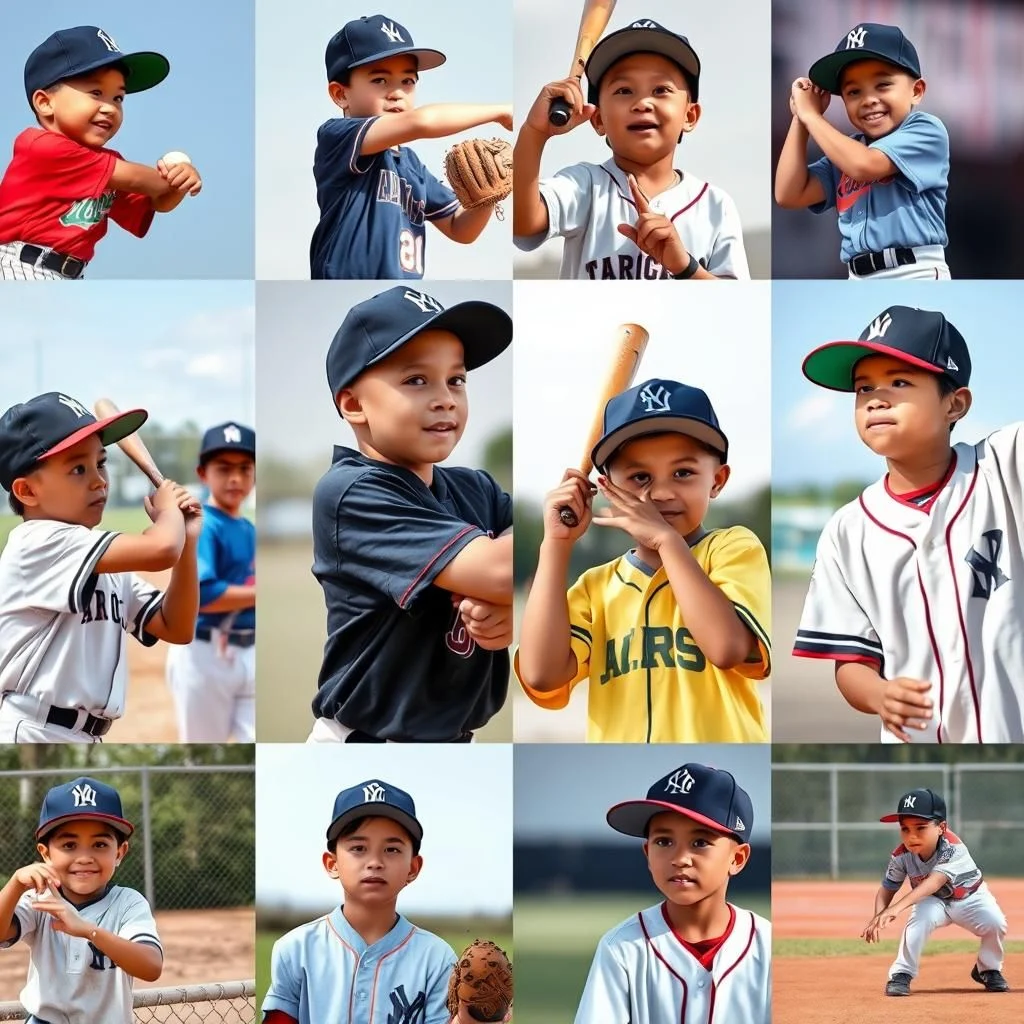Sechs junge Baseballspieler in ihren Trikots und Kappen, einige posieren mit Schlägern und Handschuhen.