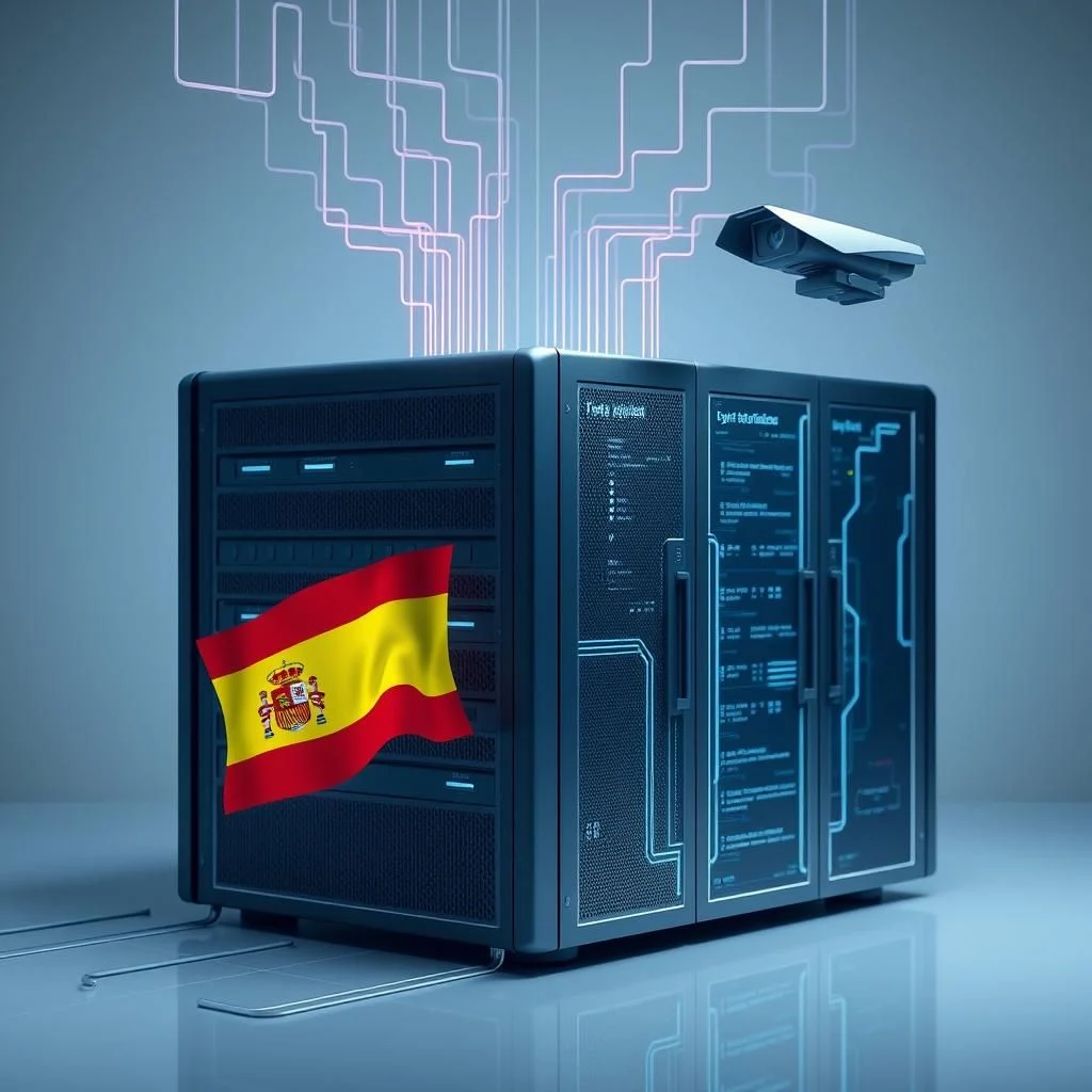 Ein Server-Rack mit der spanischen Flagge und einer Überwachungskamera darüber, verbunden mit einem digitalen Netzwerk aus rosa Linien.