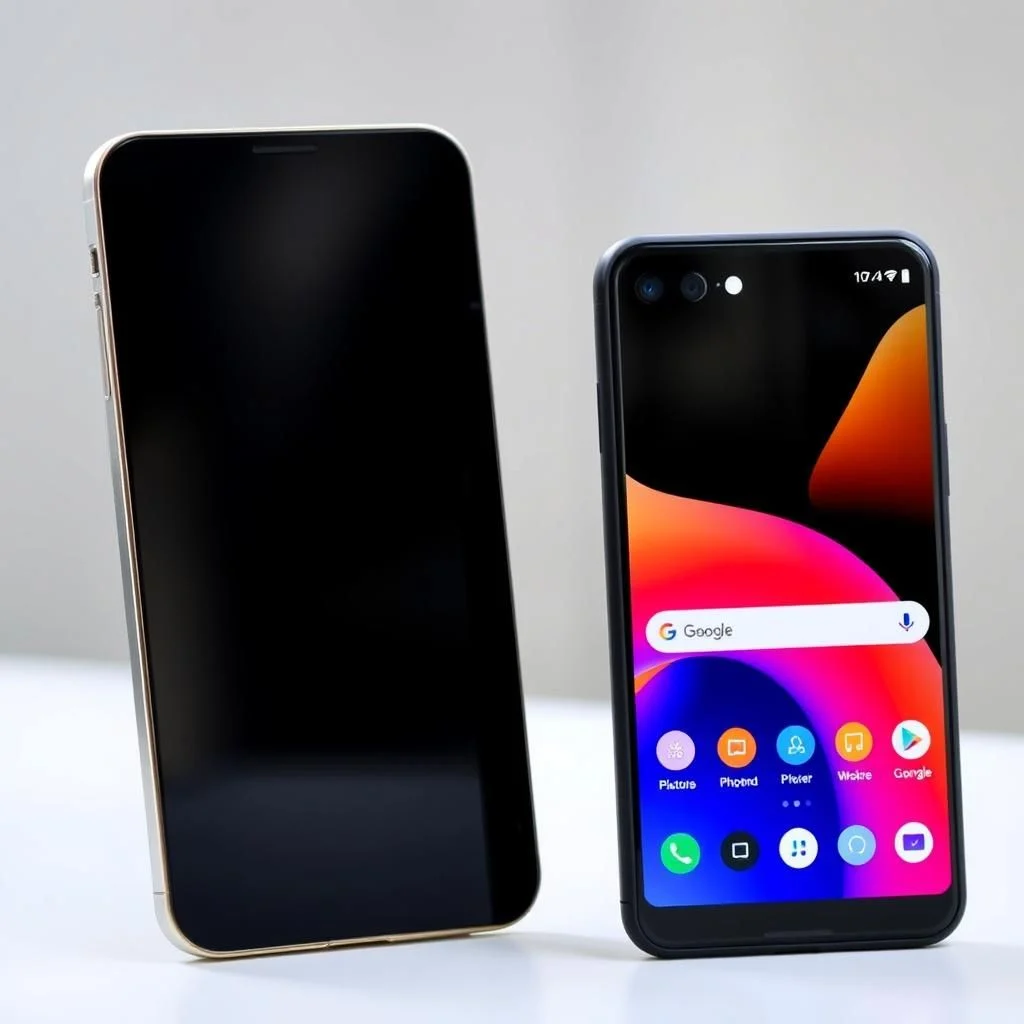 Zwei Smartphones auf einem weißen Tisch, eines davon mit leerem Bildschirm und das andere mit geöffneter Google-Suchleiste.