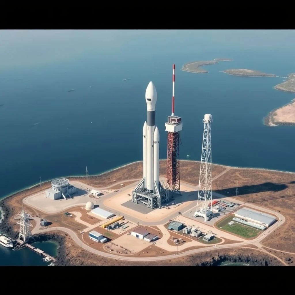 Eine Luftaufnahme eines Raketenstartplatzes auf einer Insel mit einem hohen, schlanken weißen Raketenstack, der auf einer Plattform steht, die von einem roten und weißen Stützrahmen und einem weißen Gitterturm flankiert wird, mit mehreren kleineren Gebäuden und einem Hafen am Fuße des Startplatzes.