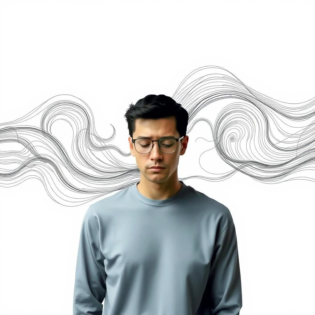 Ein Mann mit dunklem Haar und Brille blickt mit geschlossenen Augen nach unten, während sich hinter ihm eine wirbelnde, stilisierte weiße Linie auf weißem Hintergrund befindet.