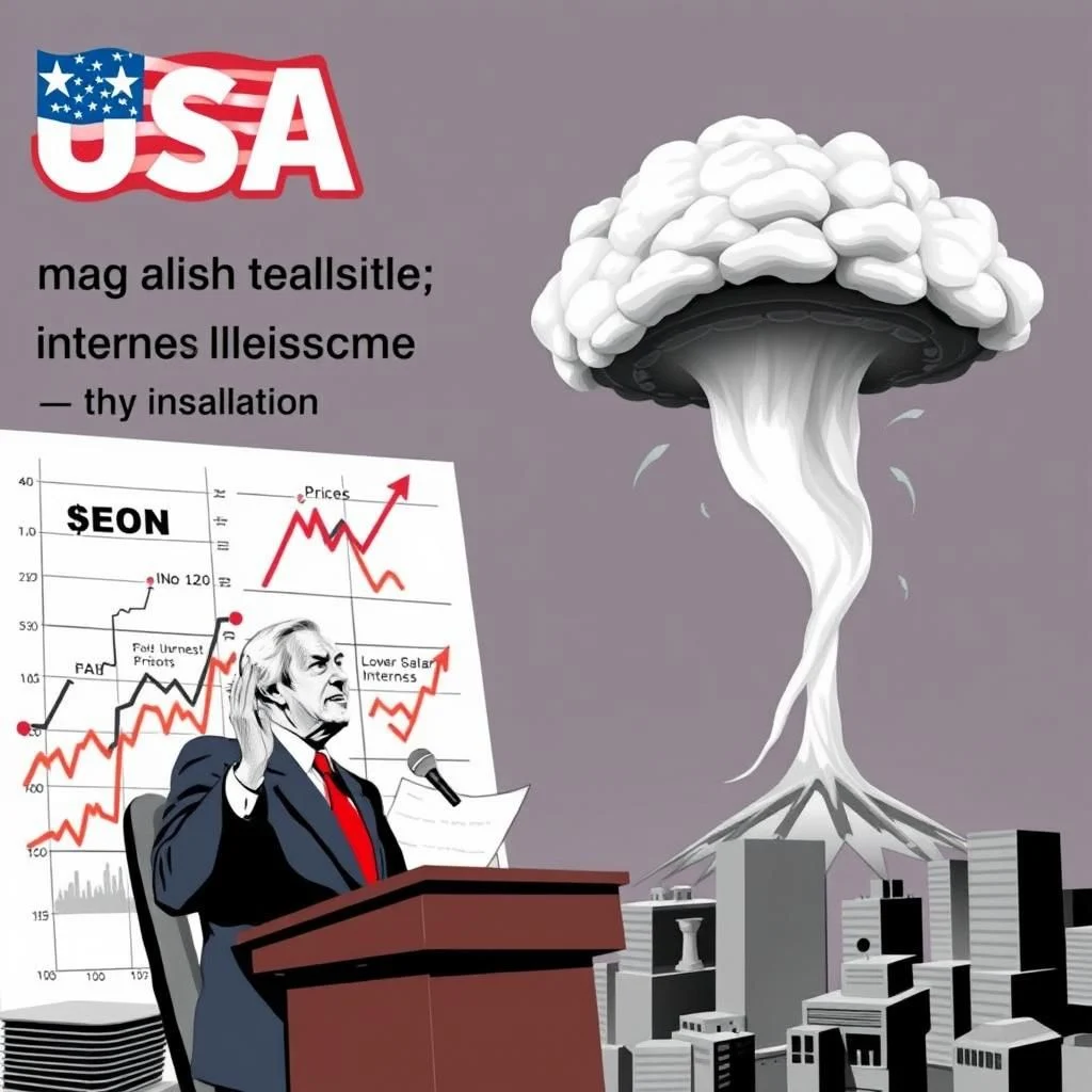 Ein Mann in einem dunklen Anzug und roter Krawatte sitzt an einem Podium, auf dem ein Mikrofon und eine Grafik stehen. Hinter ihm ist eine Atomwolke zu sehen, die über einer Stadt schwebt. Über dem Mann steht „USA“.