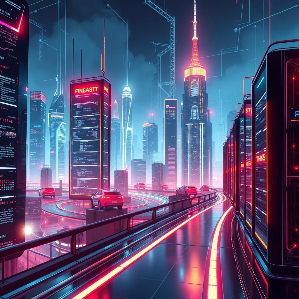 Ein Cyberpunk-Stadtbild mit neonbeleuchteten Wolkenkratzern, fahrenden Autos und Datenströmen.