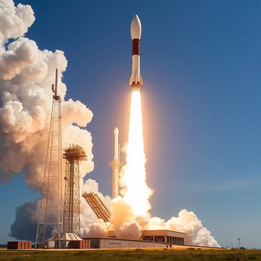 Rakete startet mit hellem Feuerstrahl und viel Rauch in den blauen Himmel, neben ihr ein Startturm.