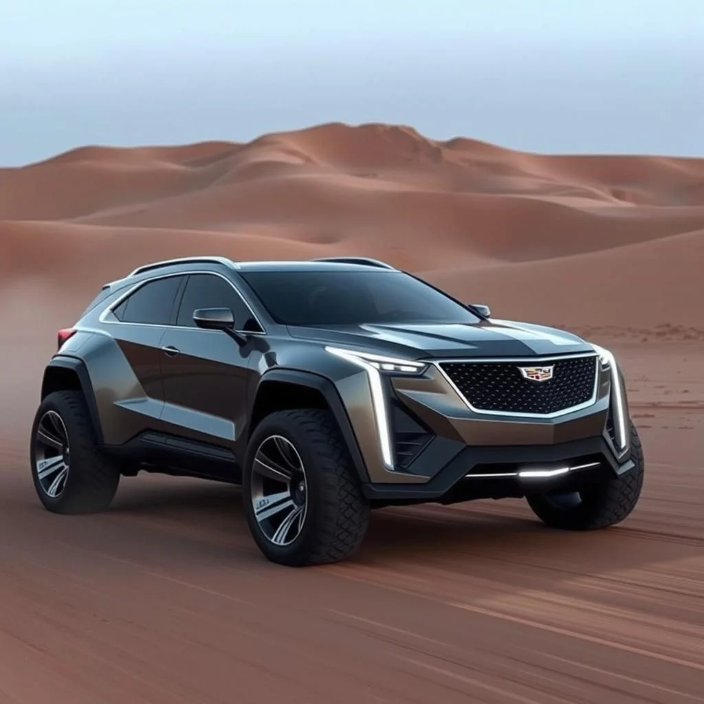 Ein dunkler Cadillac SUV mit großen Offroad-Reifen fährt durch eine Wüstenlandschaft mit Sanddünen.